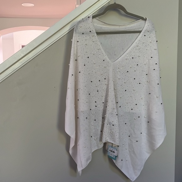 Ming Wang Faux Pearl Embellished Cashmere Wool Blend Boat Neck Poncho - Picture 8 of 13